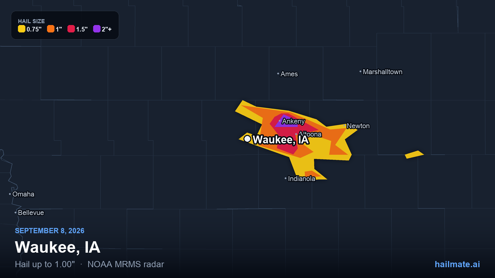 Hail swath map for Waukee, IA on September 8, 2026 showing 1.00 inch hail.
