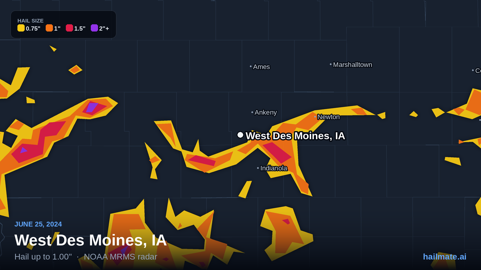 Hail swath map for West Des Moines, IA on June 25, 2024 showing 1.00 inch hail.