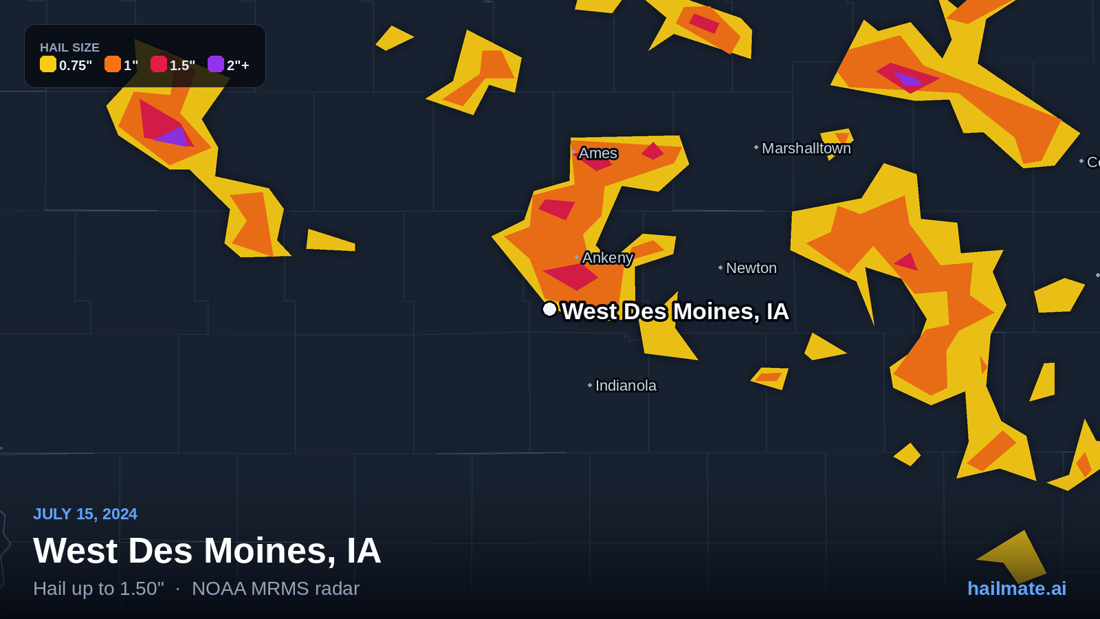 Hail swath map for West Des Moines, IA on July 15, 2024 showing 1.50 inch hail.