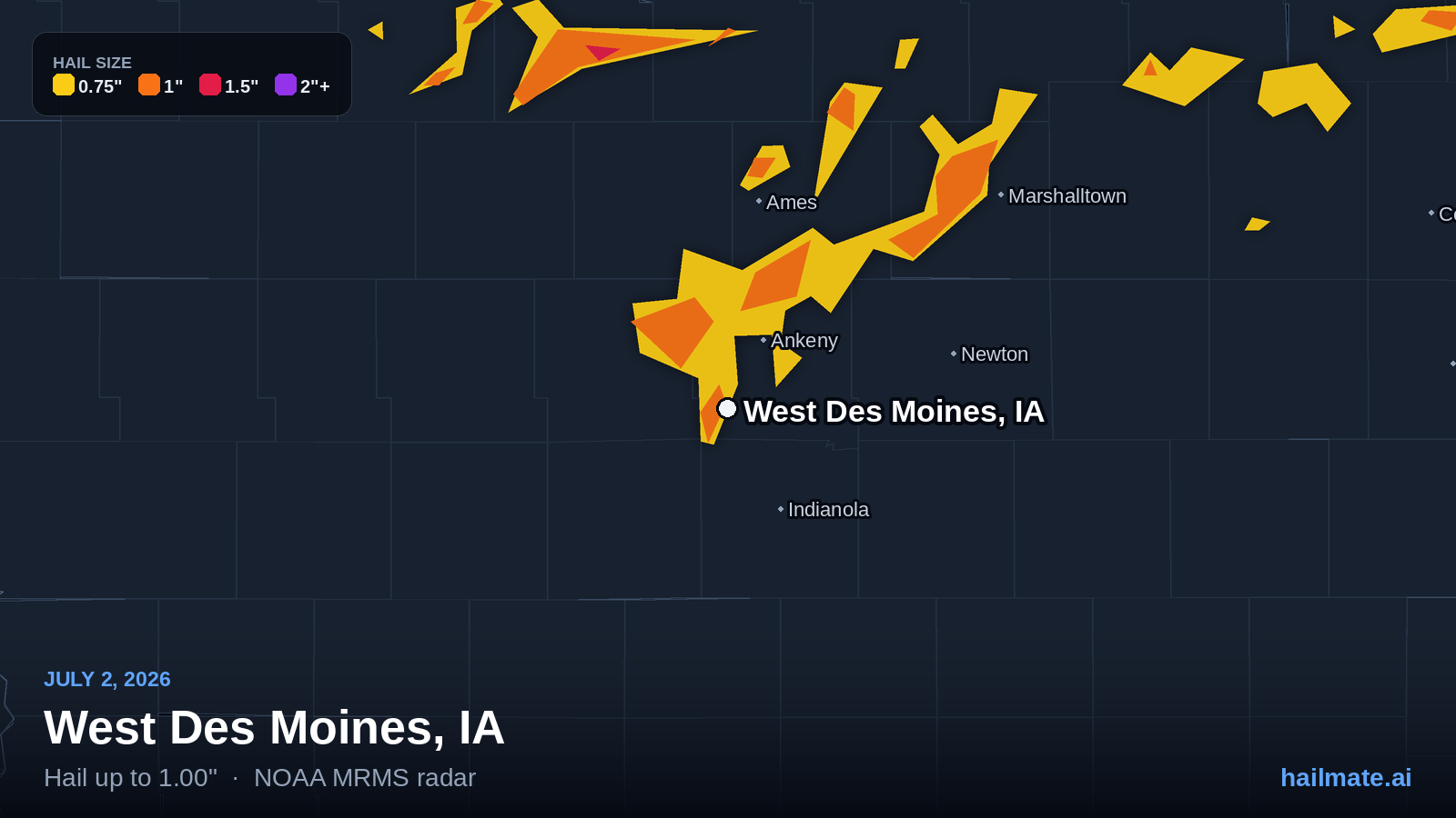 Hail swath map for West Des Moines, IA on July 2, 2026 showing 1.00 inch hail.