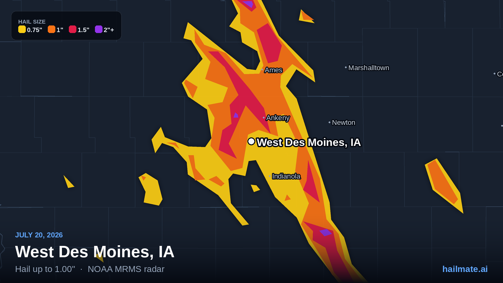 Hail swath map for West Des Moines, IA on July 20, 2026 showing 1.00 inch hail.