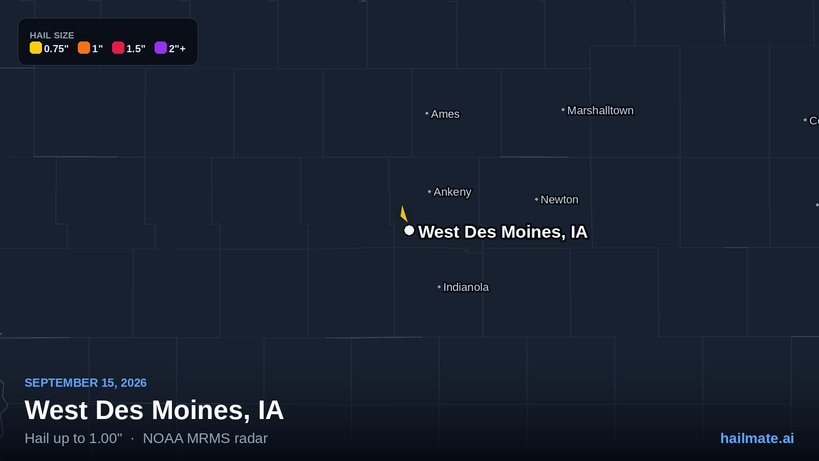 Hail swath map for West Des Moines, IA on September 15, 2026 showing 1.00 inch hail.