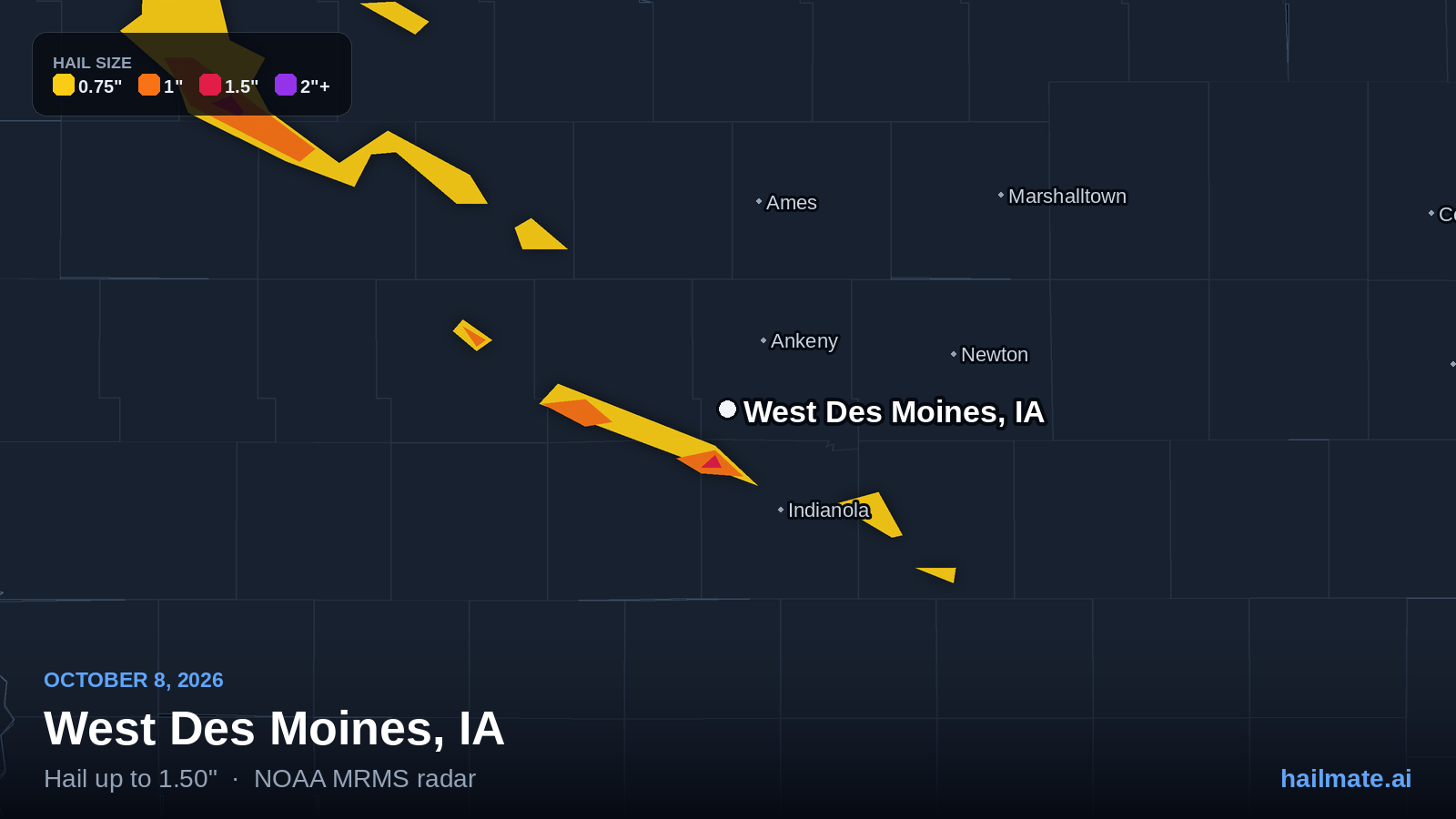 Hail swath map for West Des Moines, IA on October 8, 2026 showing 1.50 inch hail.