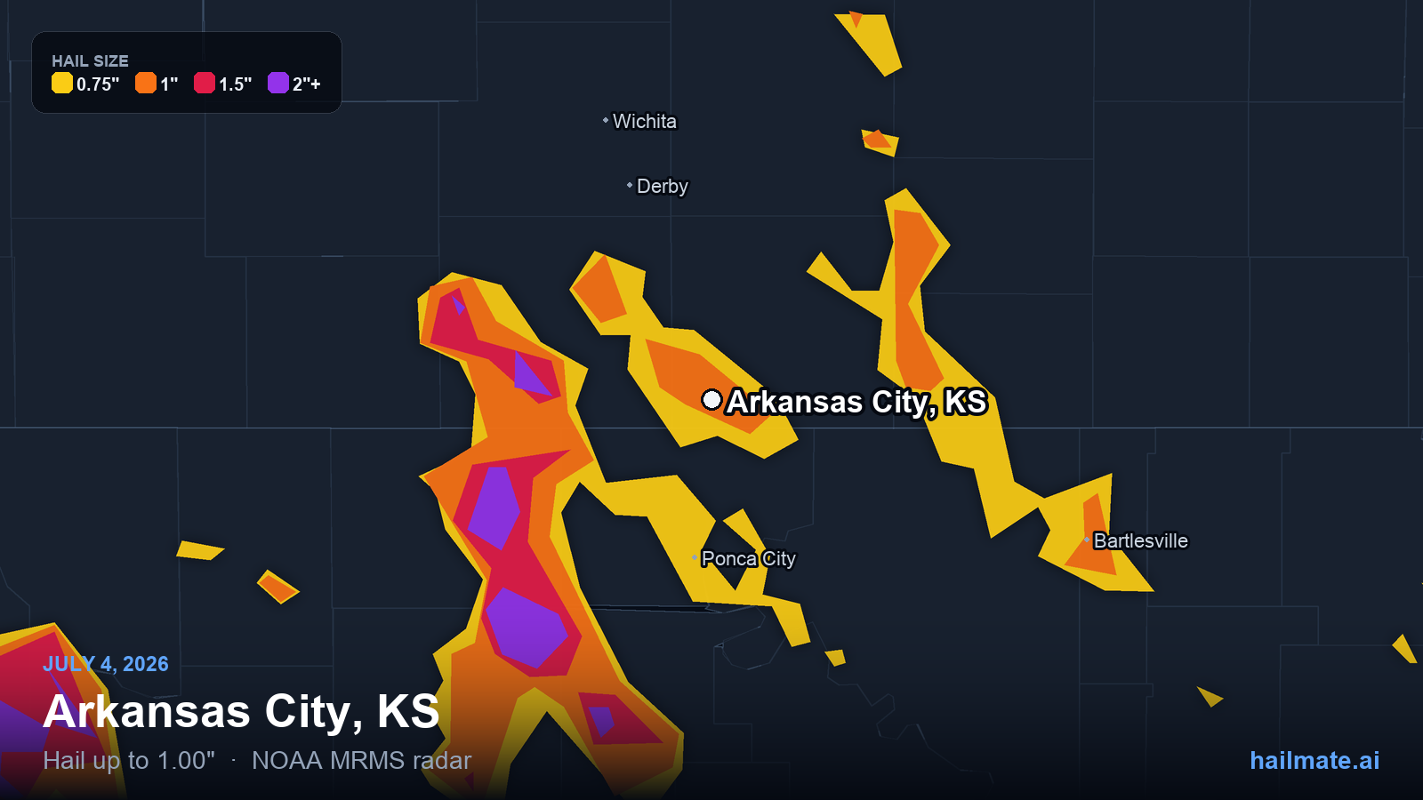 Hail swath map for Arkansas City, KS on July 4, 2026 showing 1.00 inch hail.