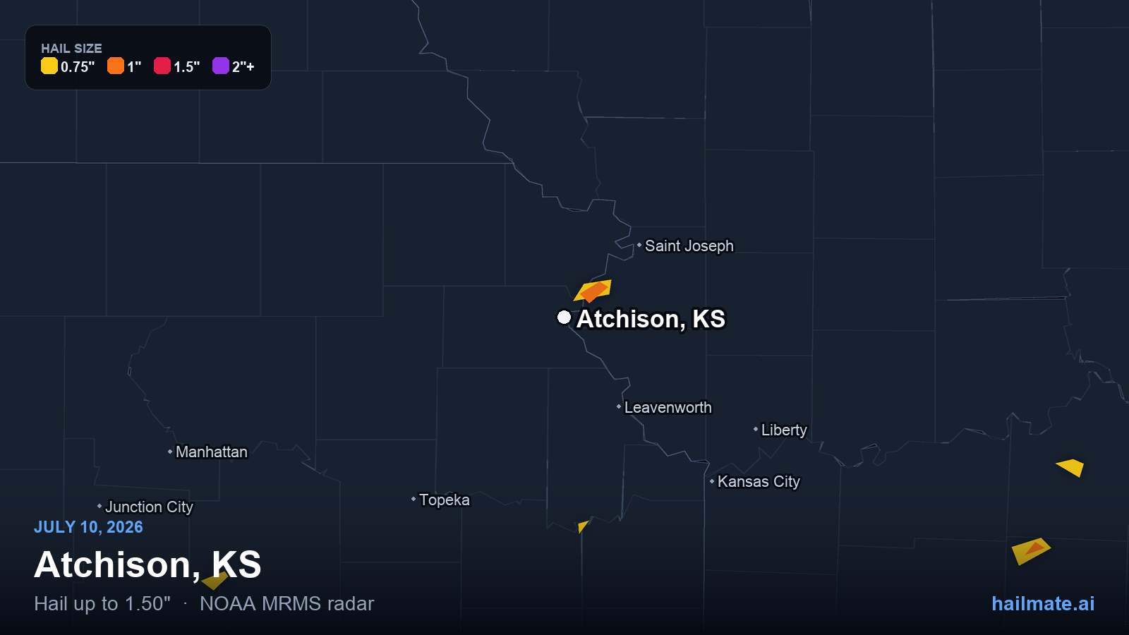 Hail swath map for Atchison, KS on July 10, 2026 showing 1.50 inch hail.