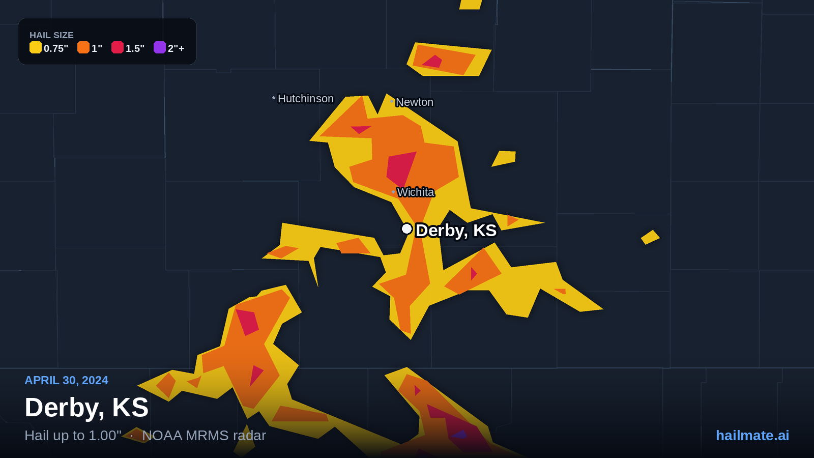 Hail swath map for Derby, KS on April 30, 2024 showing 1.00 inch hail.