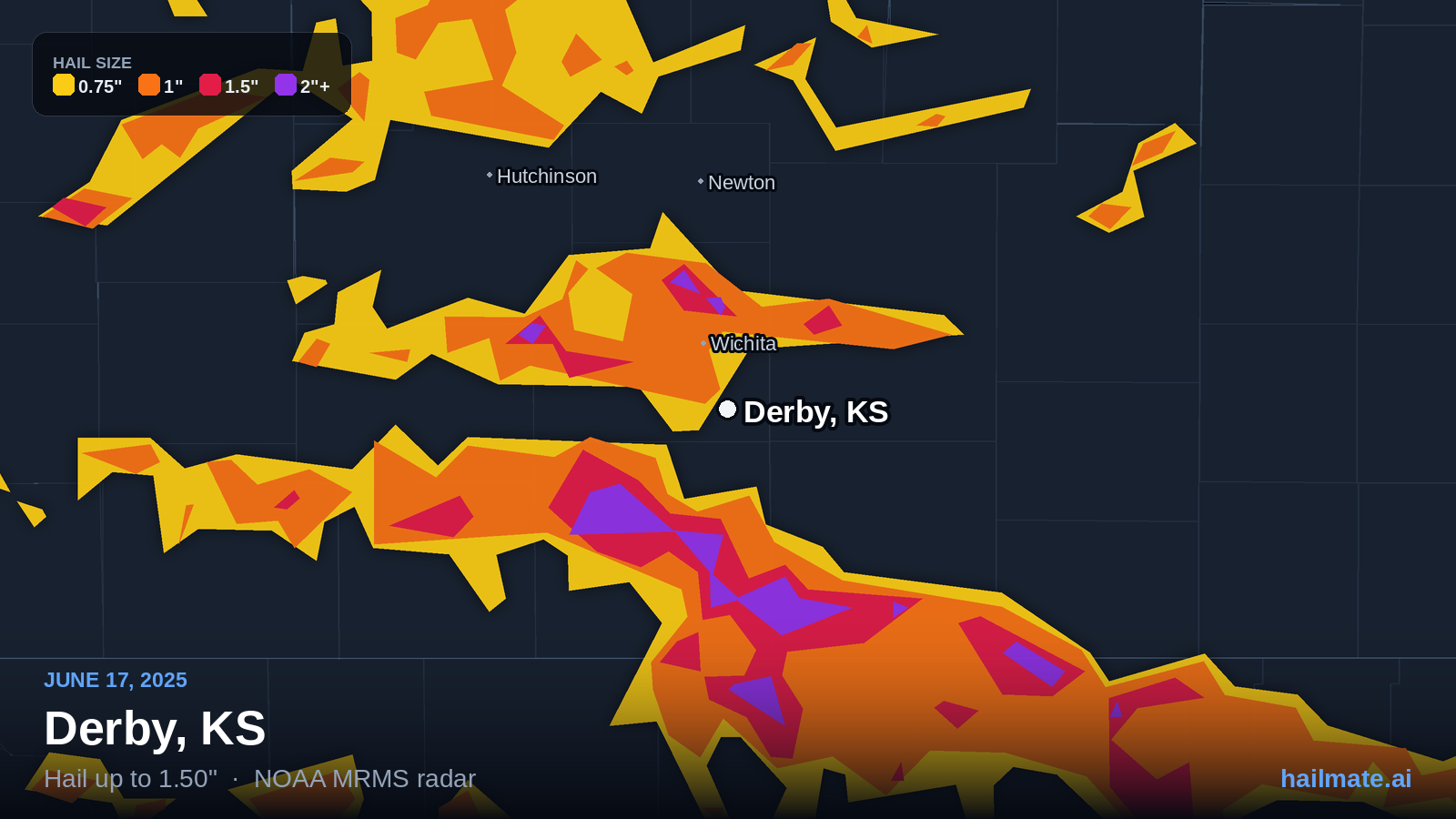 Hail swath map for Derby, KS on June 17, 2025 showing 1.50 inch hail.