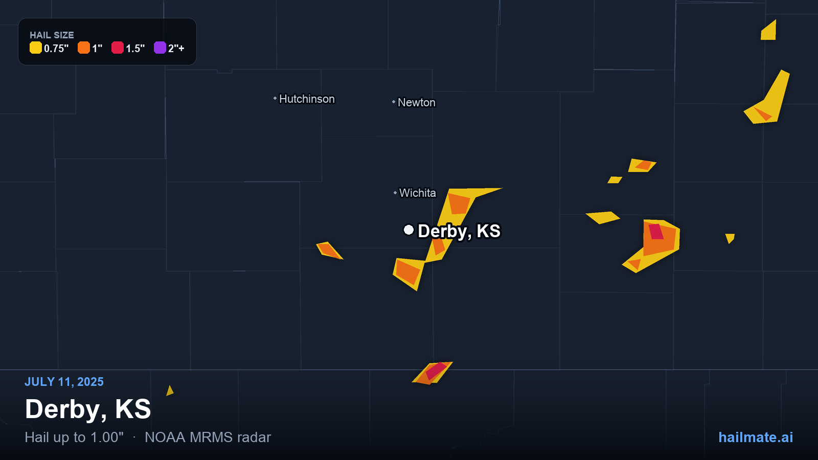 Hail swath map for Derby, KS on July 11, 2025 showing 1.00 inch hail.