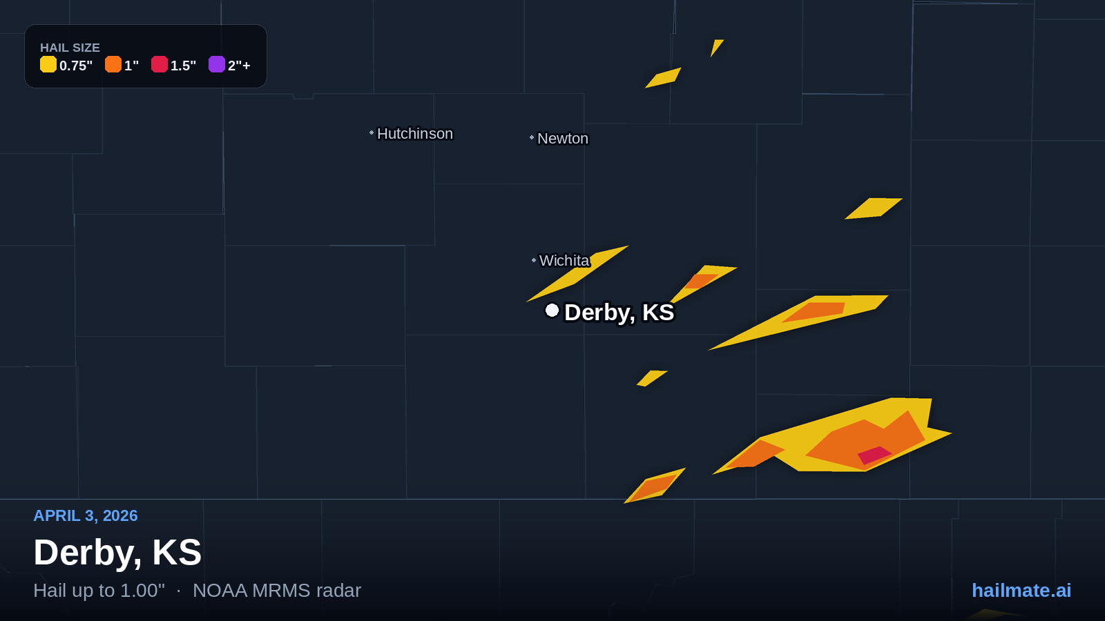 Hail swath map for Derby, KS on April 3, 2026 showing 1.00 inch hail.