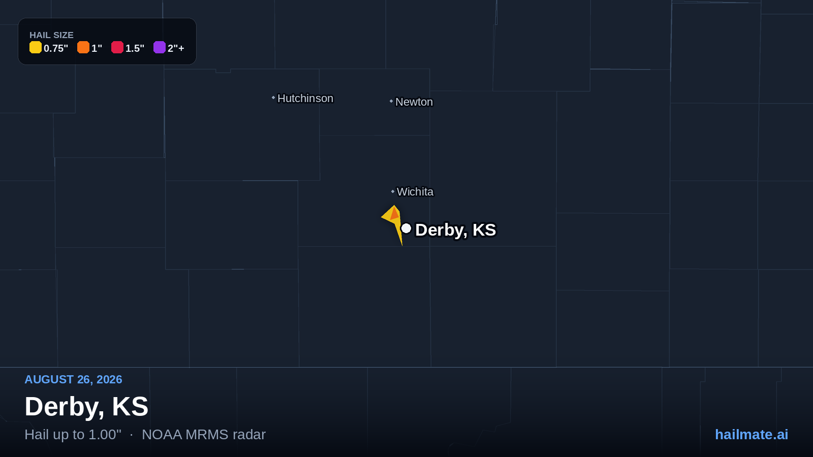 Hail swath map for Derby, KS on August 26, 2026 showing 1.00 inch hail.