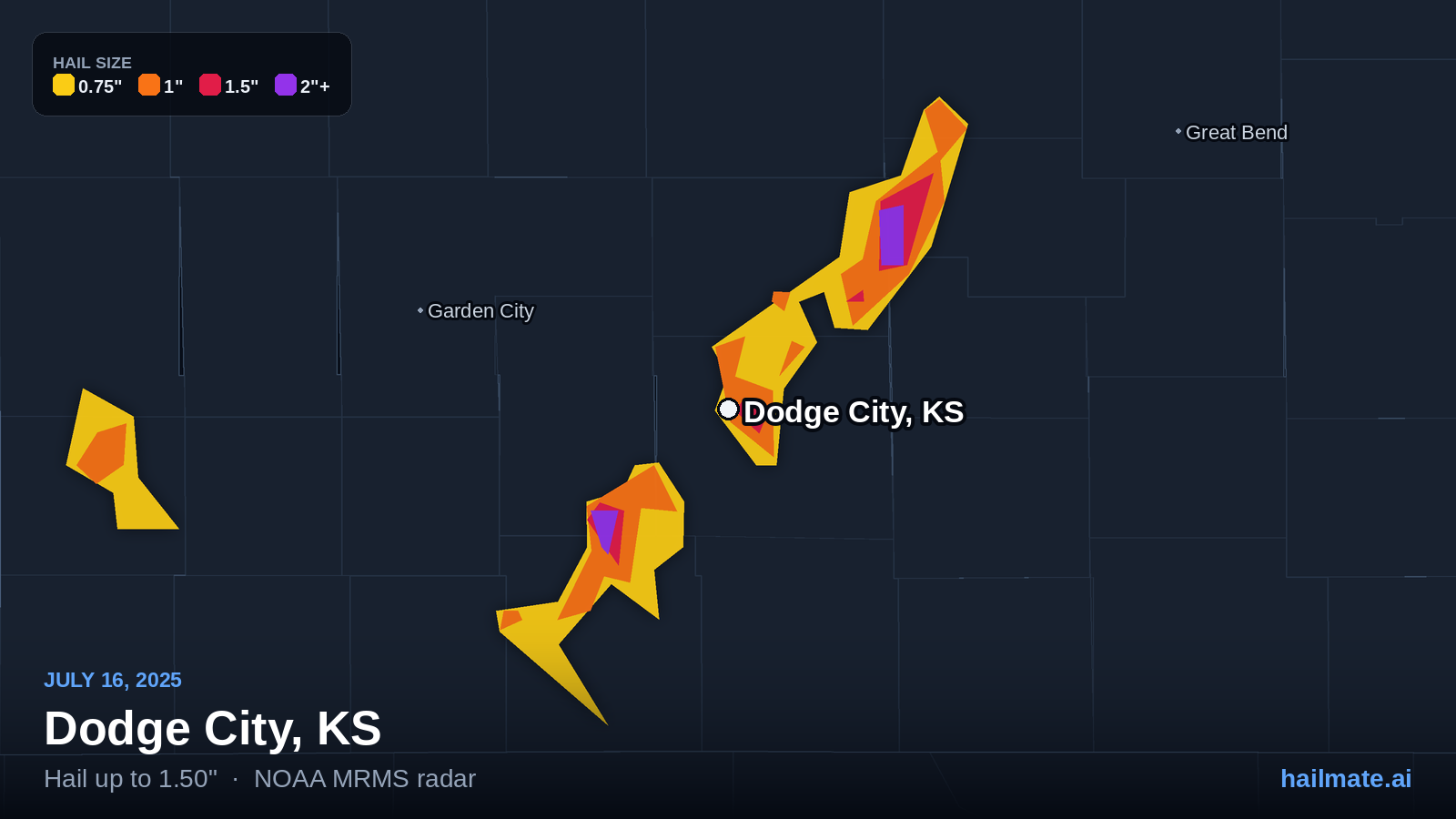 Hail swath map for Dodge City, KS on July 16, 2025 showing 1.50 inch hail.