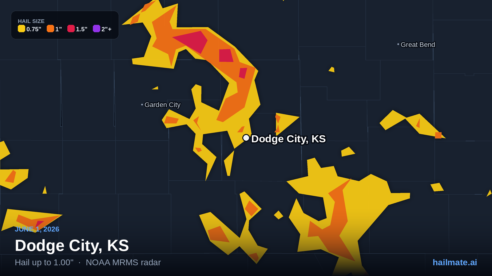 Hail swath map for Dodge City, KS on June 1, 2026 showing 1.00 inch hail.