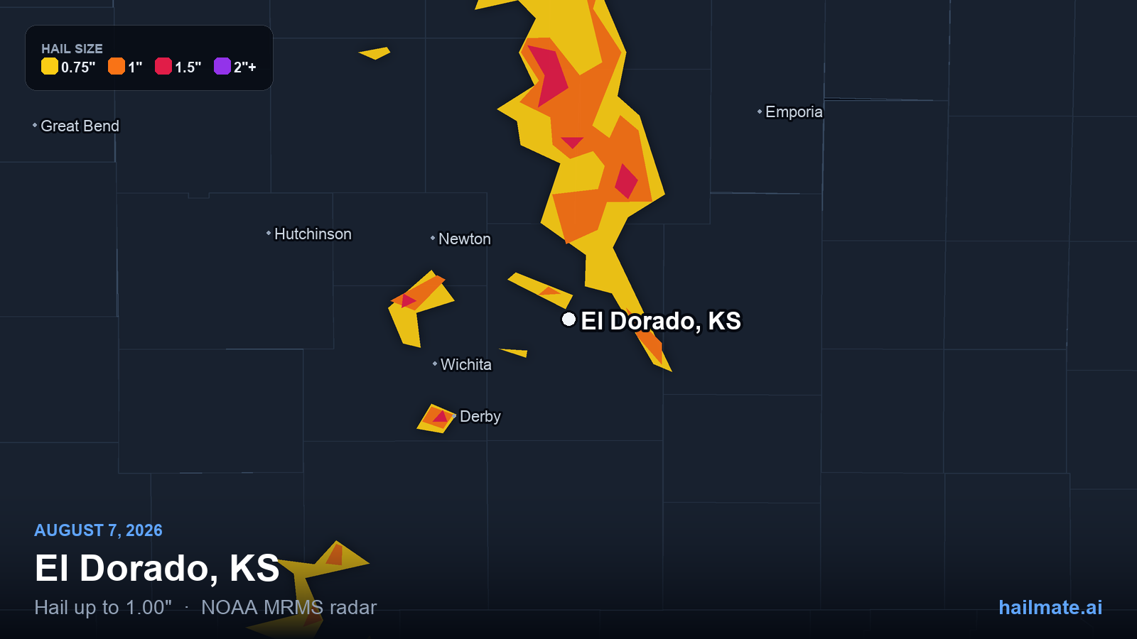 Hail swath map for El Dorado, KS on August 7, 2026 showing 1.00 inch hail.