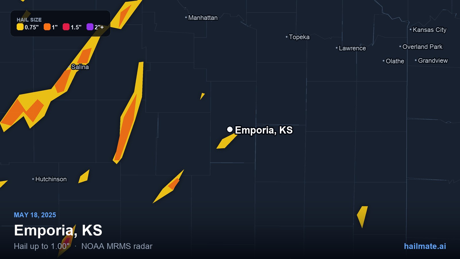 Hail swath map for Emporia, KS on May 18, 2025 showing 1.00 inch hail.