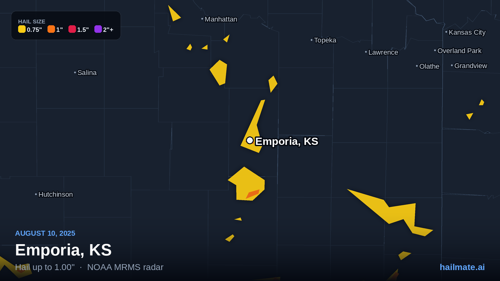 Hail swath map for Emporia, KS on August 10, 2025 showing 1.00 inch hail.