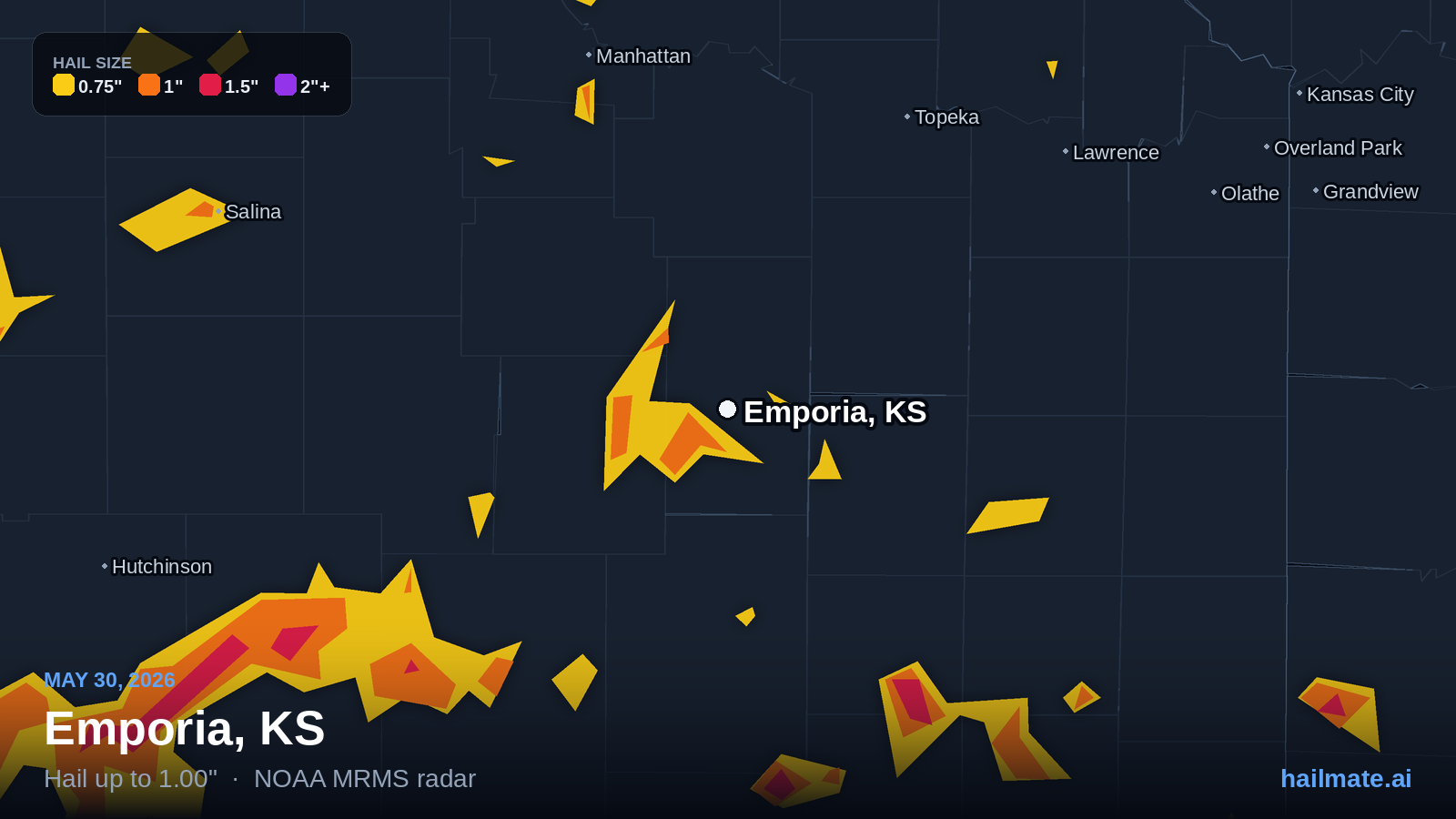 Hail swath map for Emporia, KS on May 30, 2026 showing 1.00 inch hail.