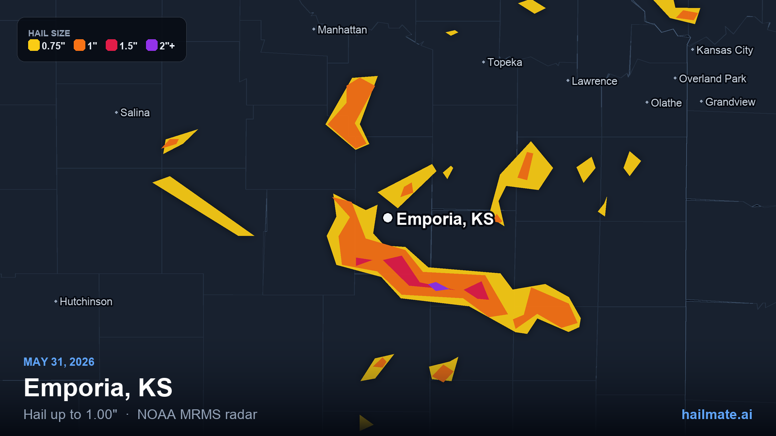 Hail swath map for Emporia, KS on May 31, 2026 showing 1.00 inch hail.