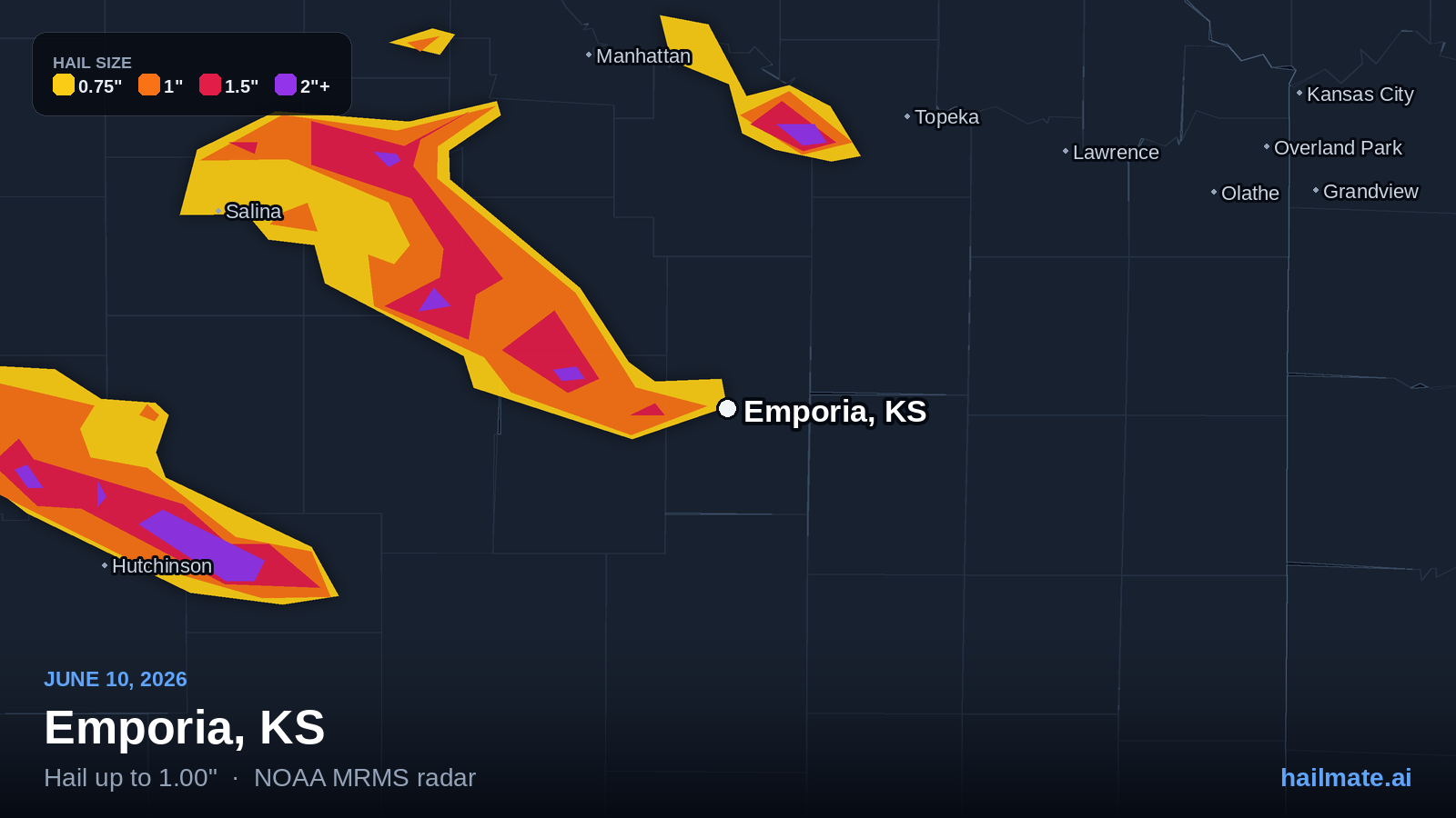 Hail swath map for Emporia, KS on June 10, 2026 showing 1.00 inch hail.