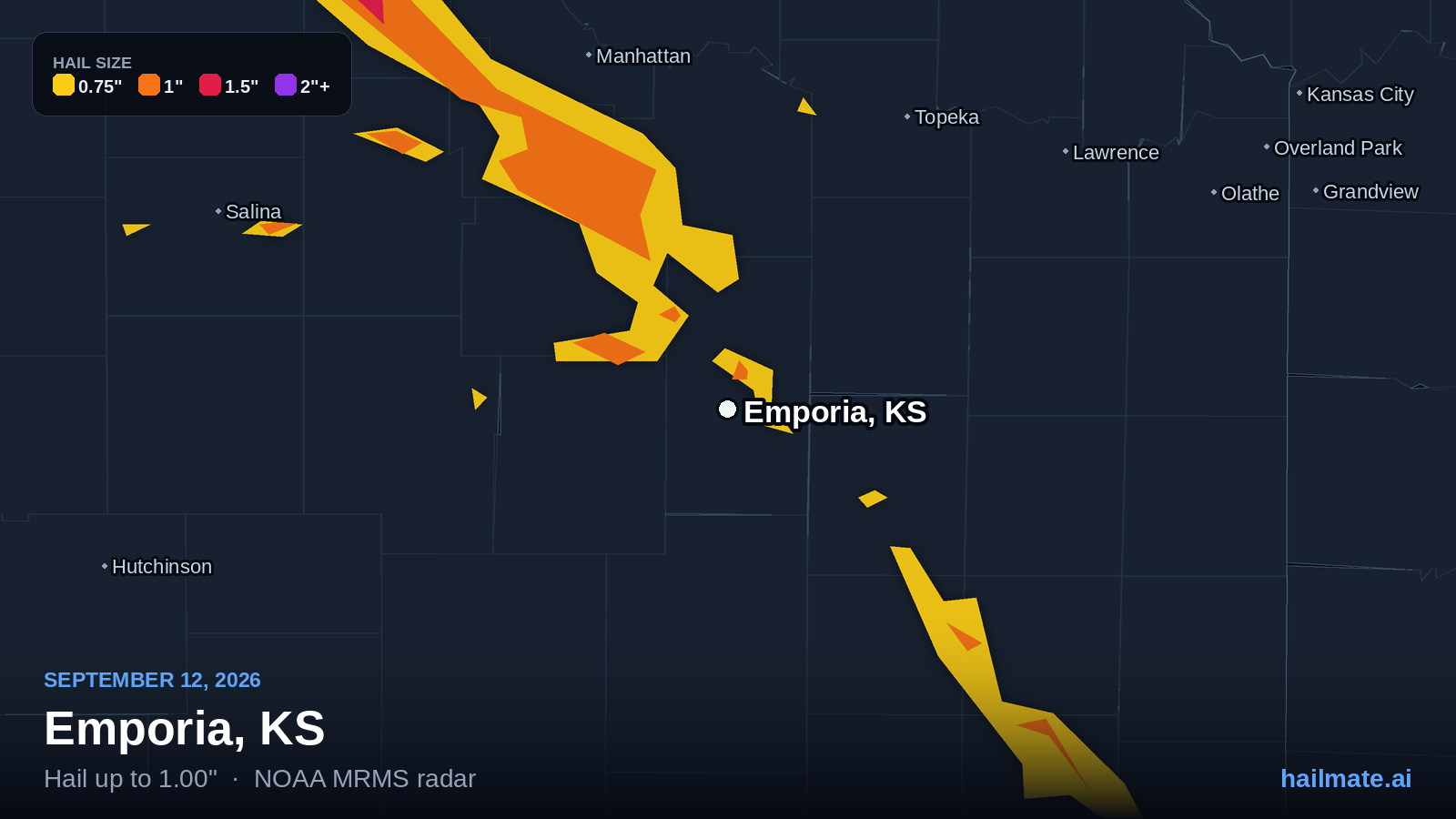 Hail swath map for Emporia, KS on September 12, 2026 showing 1.00 inch hail.