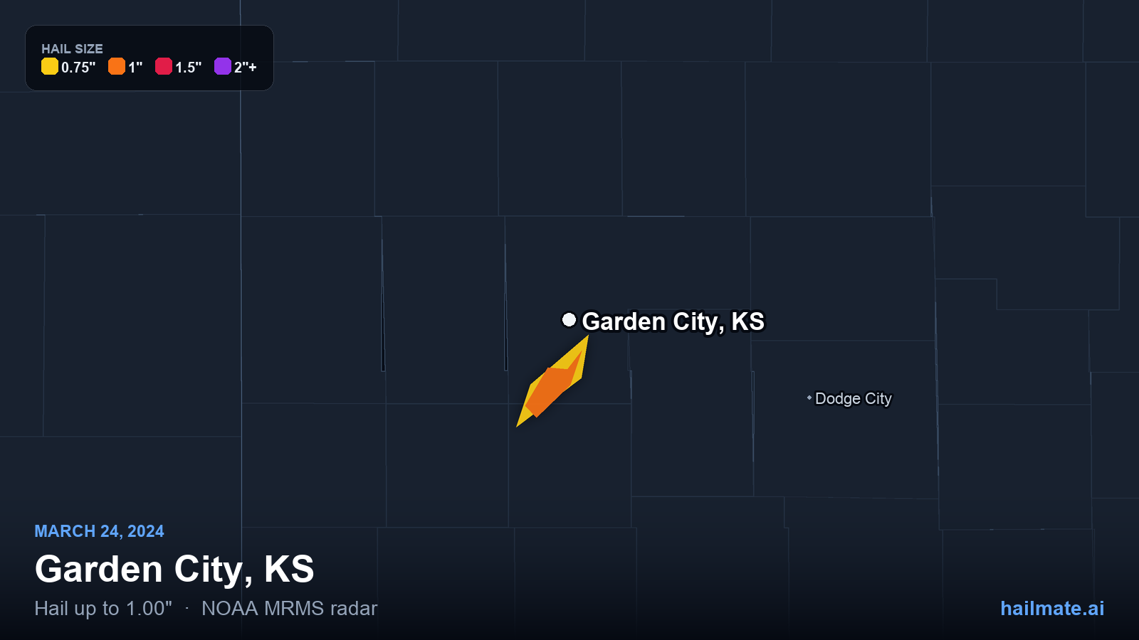 Hail swath map for Garden City, KS on March 24, 2024 showing 1.00 inch hail.