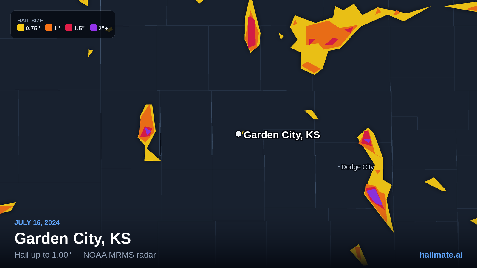 Hail swath map for Garden City, KS on July 16, 2024 showing 1.00 inch hail.