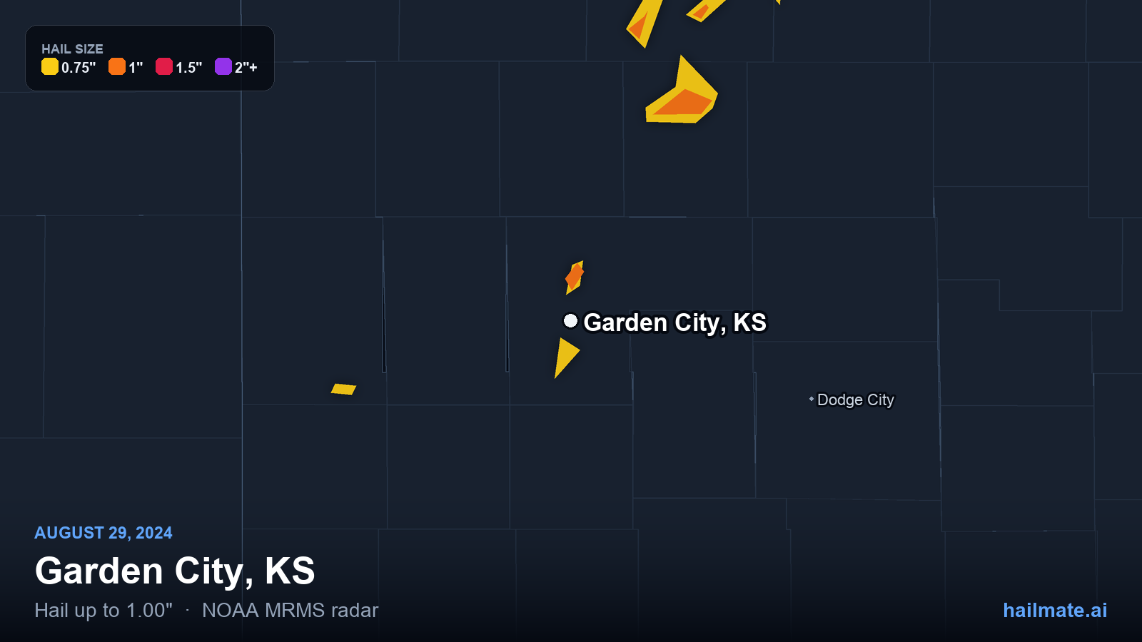 Hail swath map for Garden City, KS on August 29, 2024 showing 1.00 inch hail.