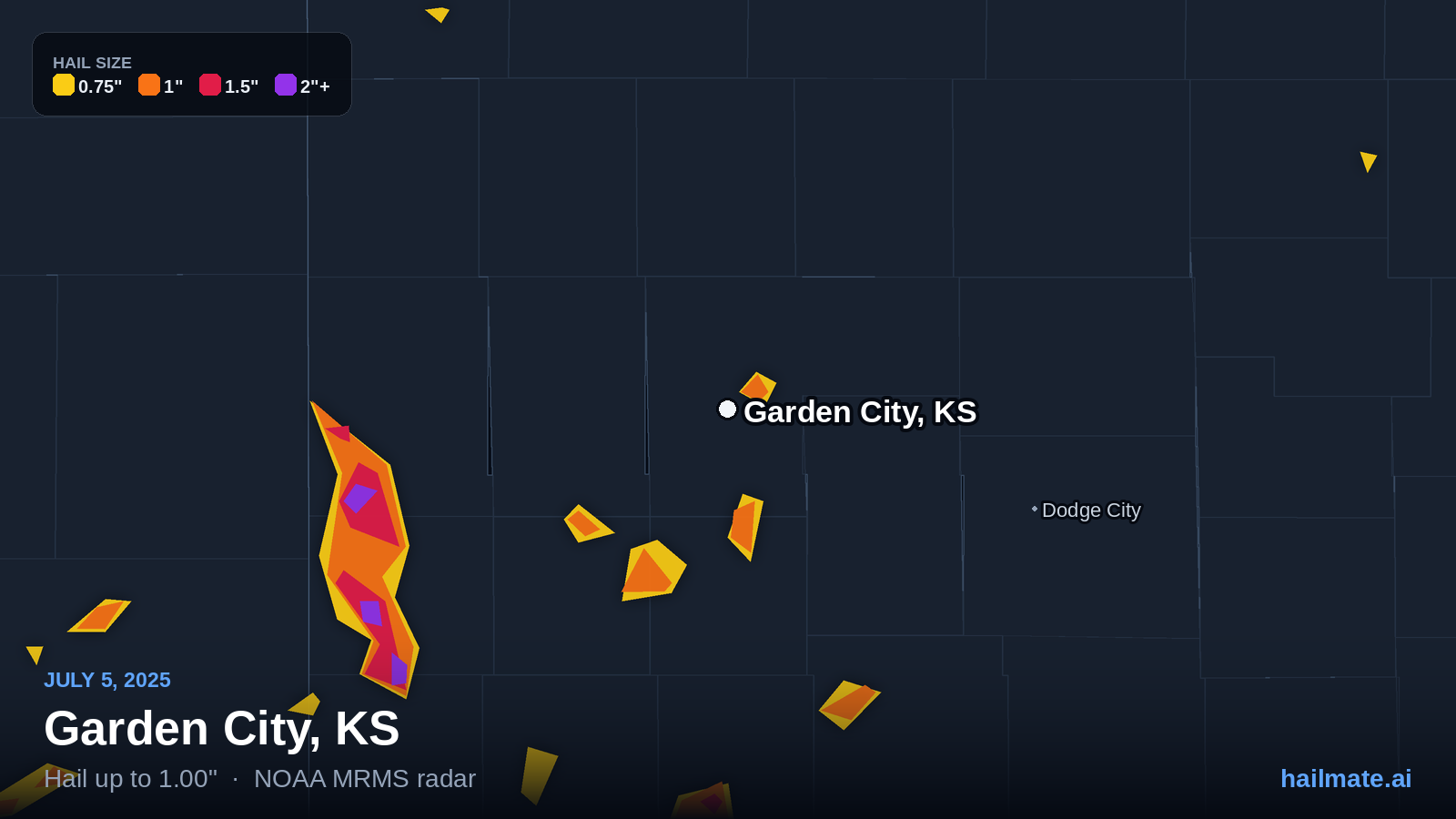 Hail swath map for Garden City, KS on July 5, 2025 showing 1.00 inch hail.