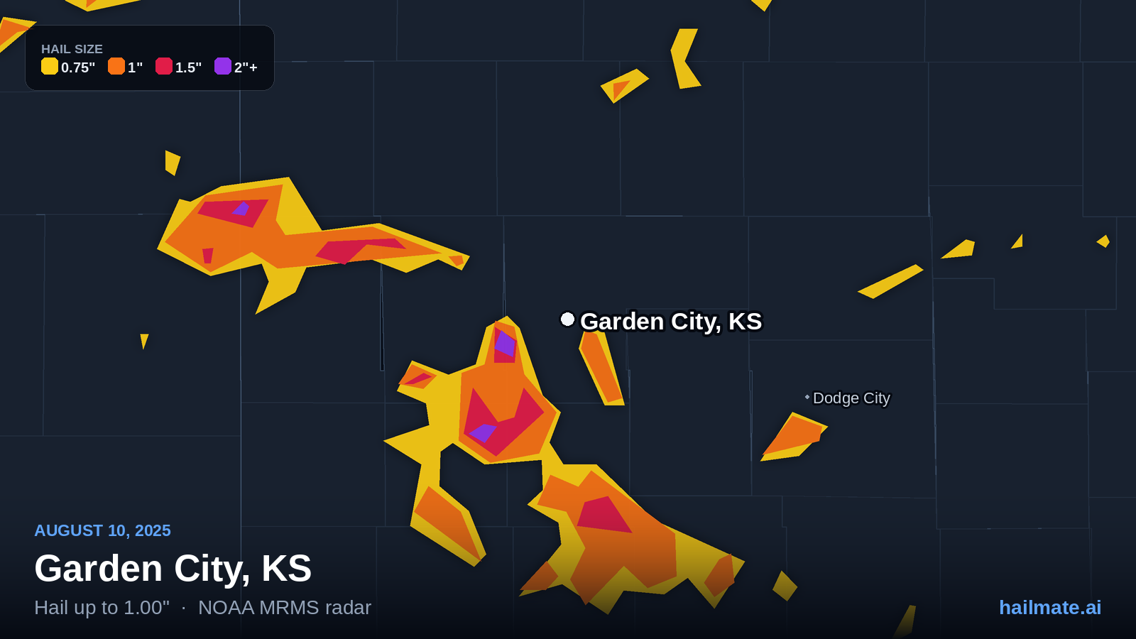 Hail swath map for Garden City, KS on August 10, 2025 showing 1.00 inch hail.