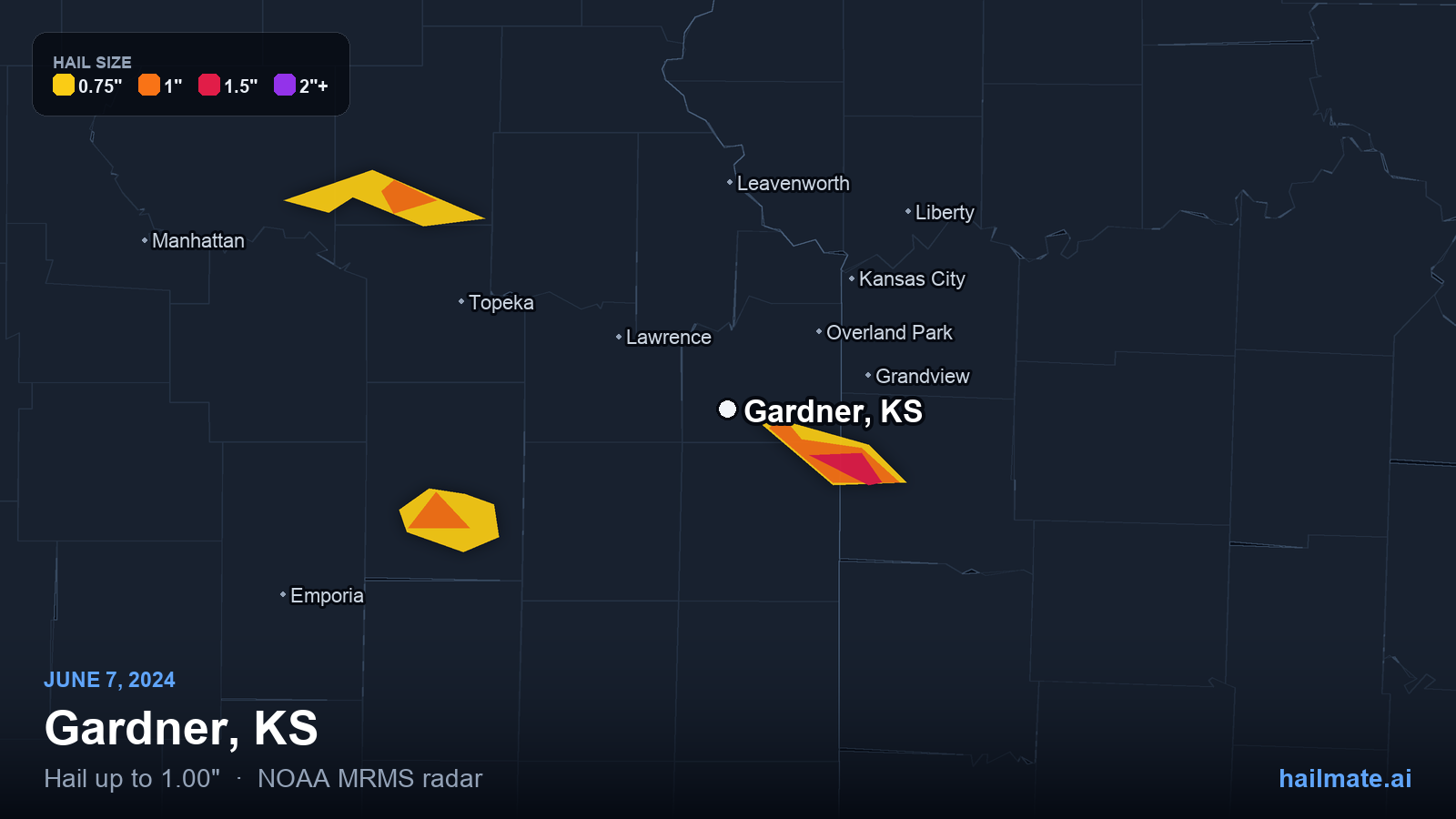 Hail swath map for Gardner, KS on June 7, 2024 showing 1.00 inch hail.