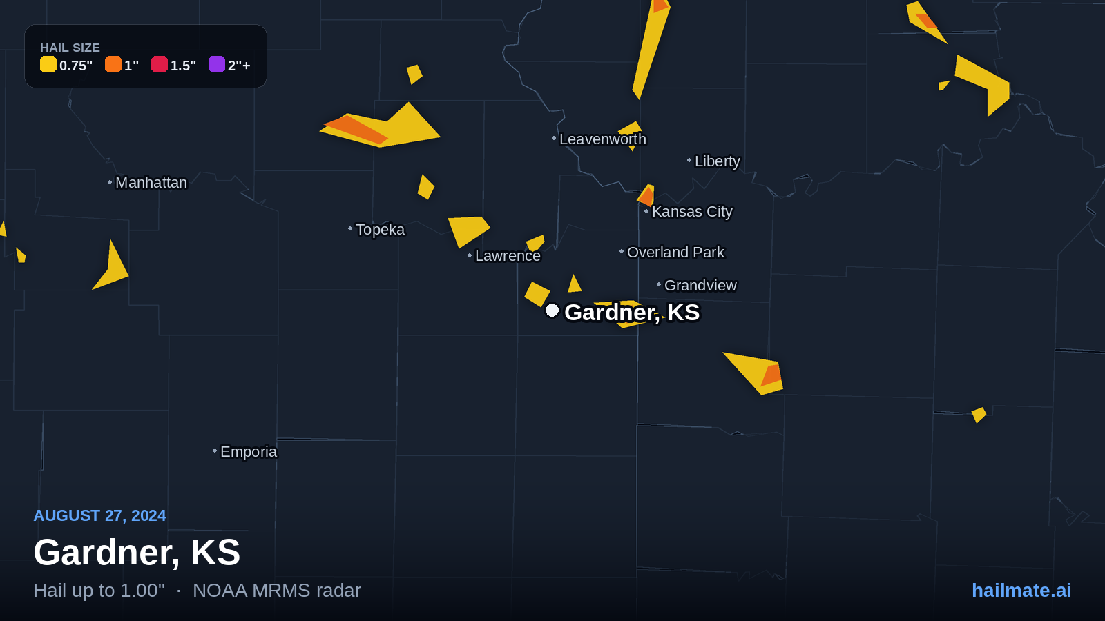 Hail swath map for Gardner, KS on August 27, 2024 showing 1.00 inch hail.
