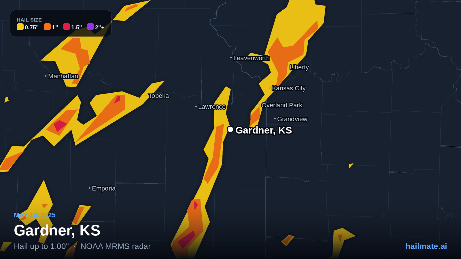 Hail swath map for Gardner, KS on May 19, 2025 showing 1.00 inch hail.