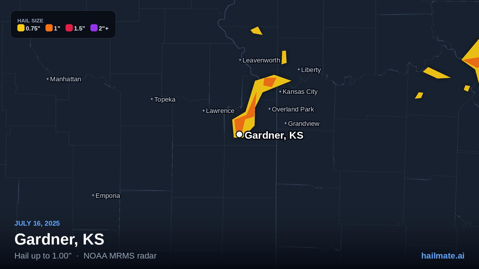 Hail swath map for Gardner, KS on July 16, 2025 showing 1.00 inch hail.