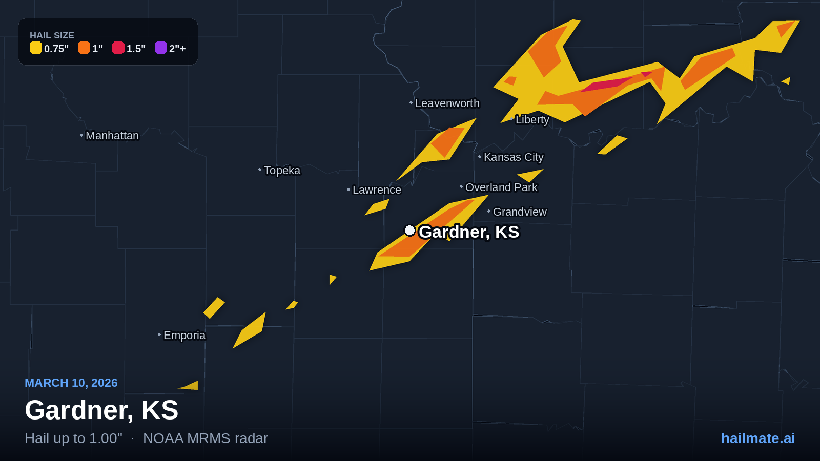 Hail swath map for Gardner, KS on March 10, 2026 showing 1.00 inch hail.