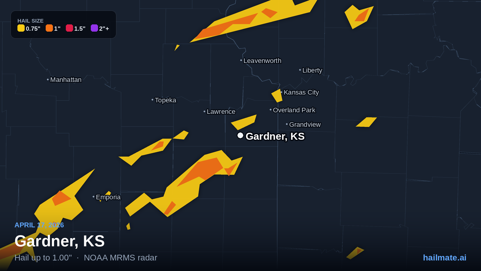 Hail swath map for Gardner, KS on April 17, 2026 showing 1.00 inch hail.