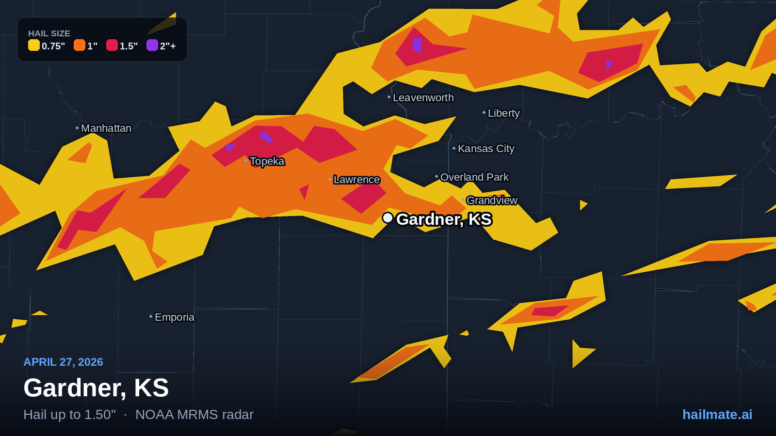 Hail swath map for Gardner, KS on April 27, 2026 showing 1.50 inch hail.
