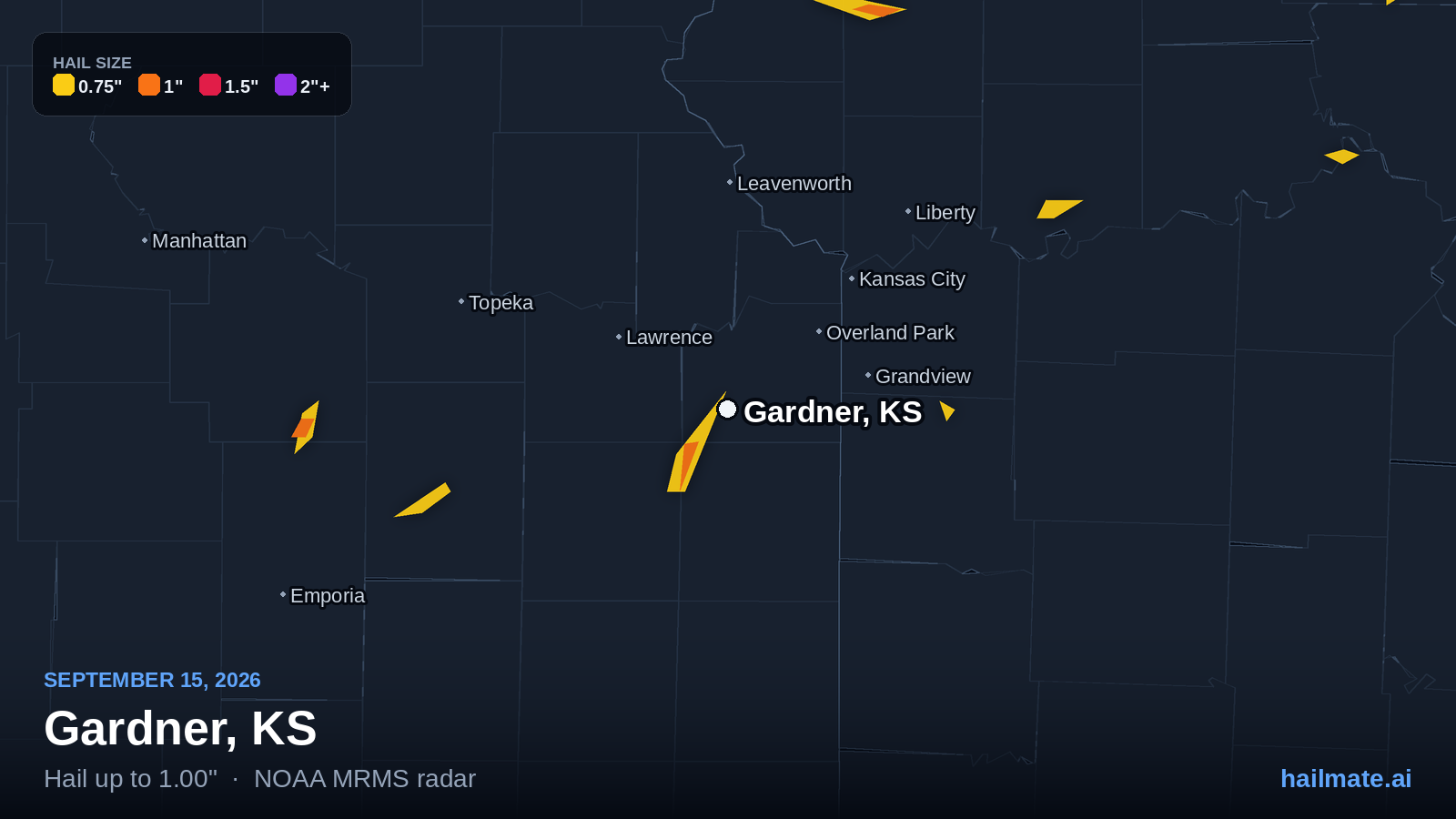 Hail swath map for Gardner, KS on September 15, 2026 showing 1.00 inch hail.