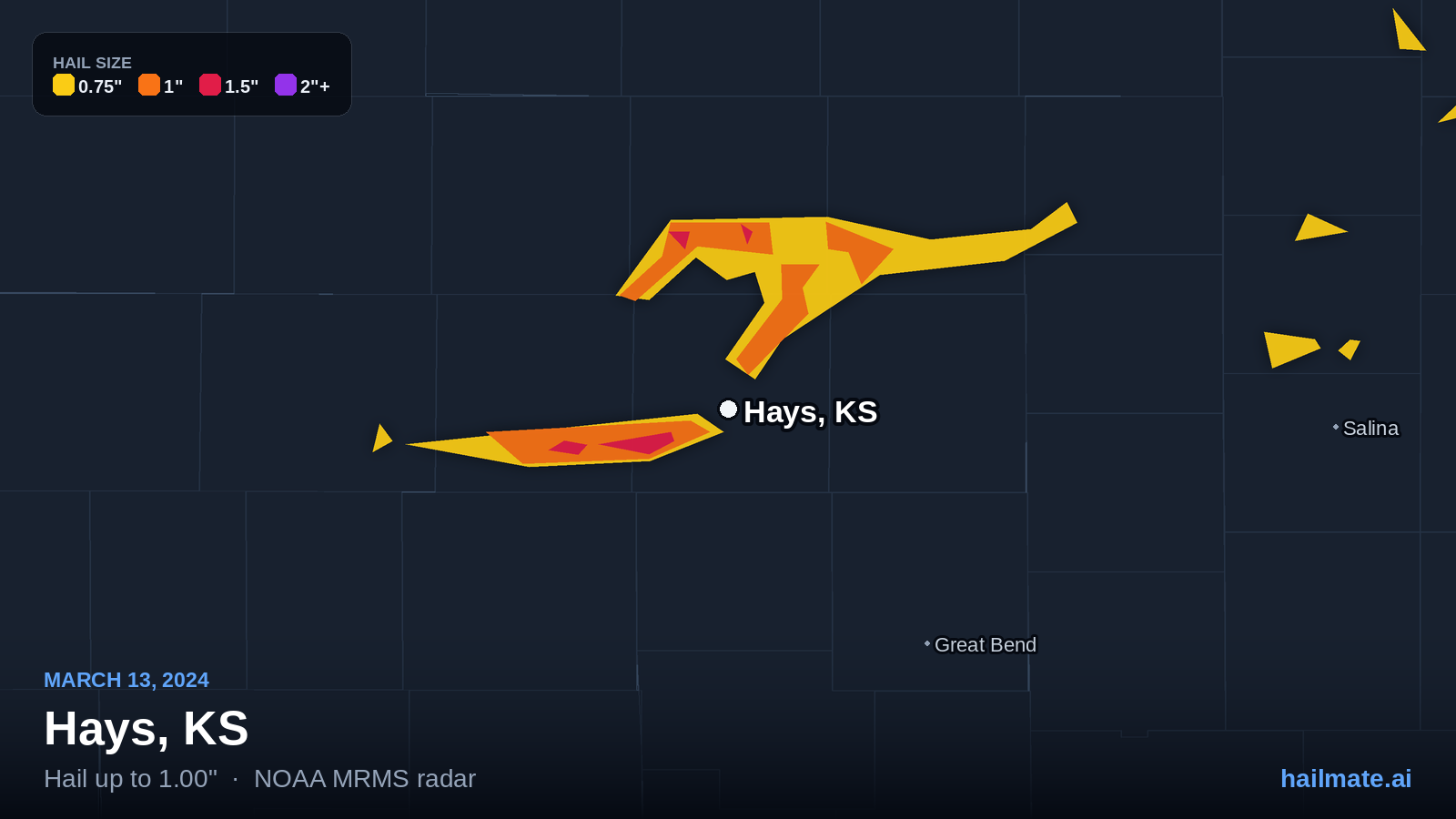 Hail swath map for Hays, KS on March 13, 2024 showing 1.00 inch hail.