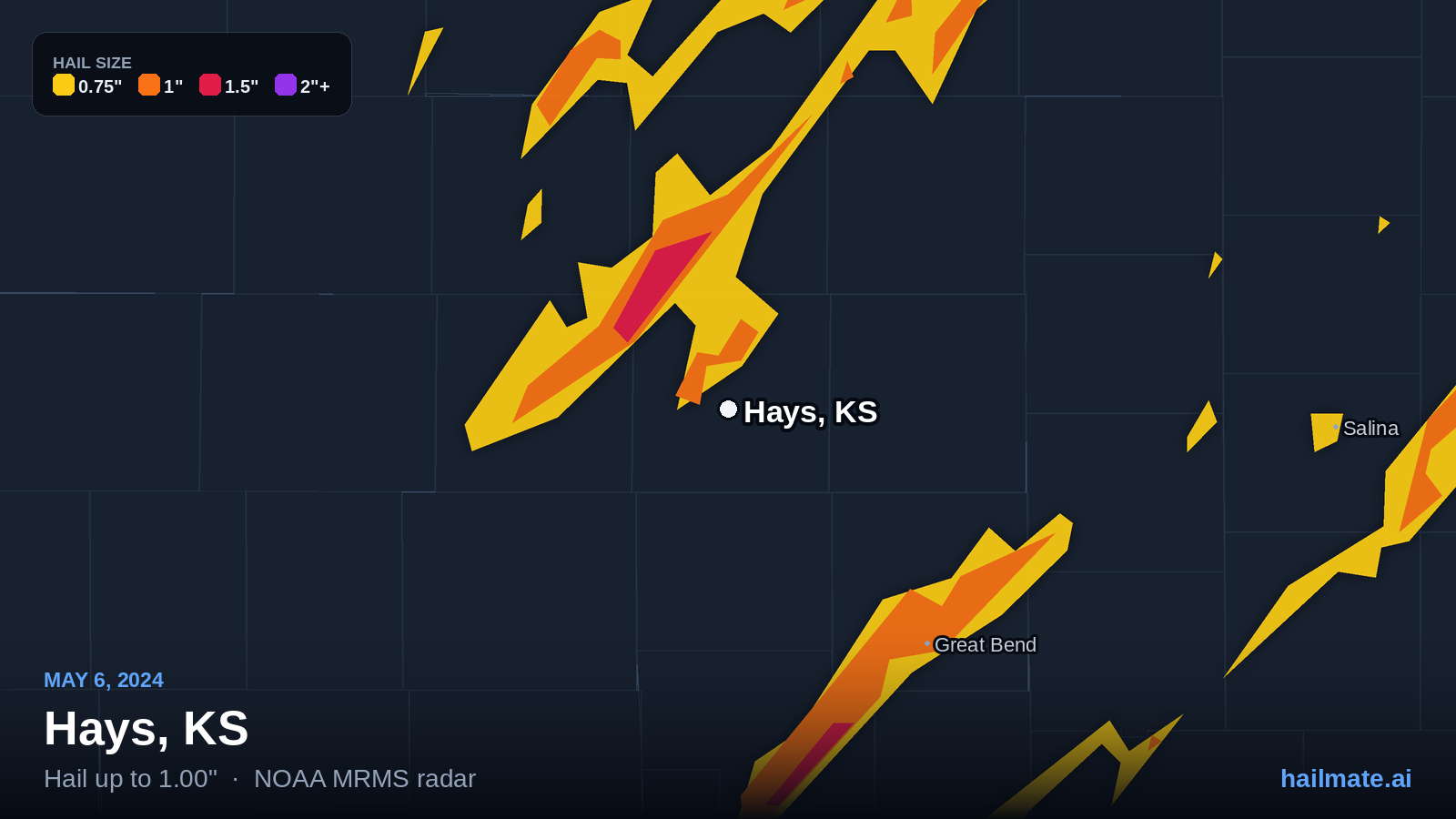 Hail swath map for Hays, KS on May 6, 2024 showing 1.00 inch hail.