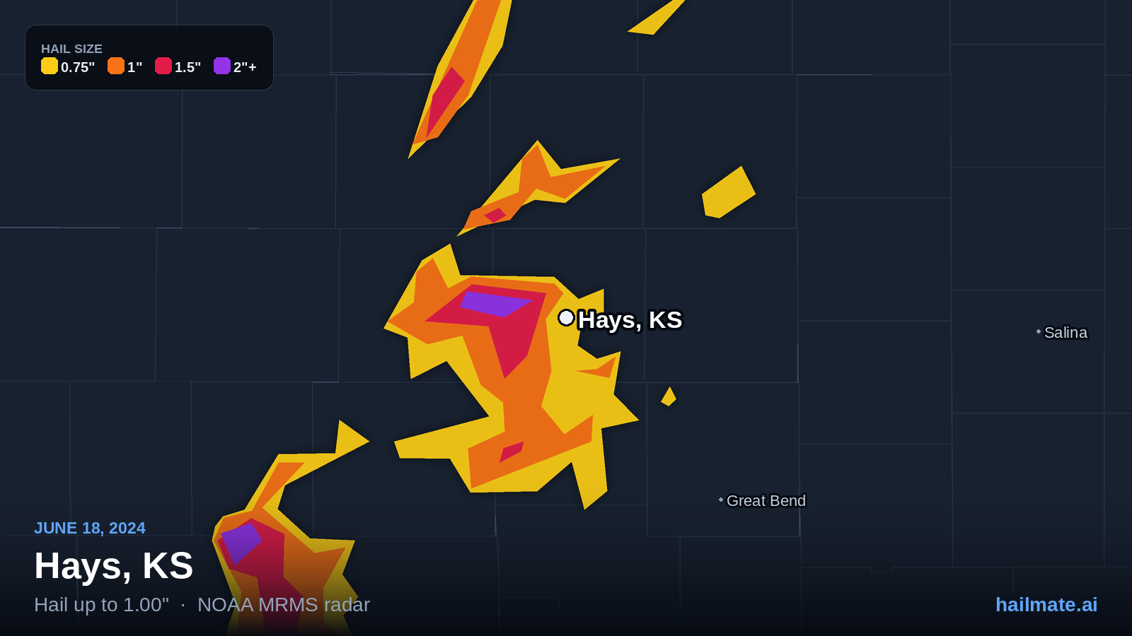 Hail swath map for Hays, KS on June 18, 2024 showing 1.00 inch hail.
