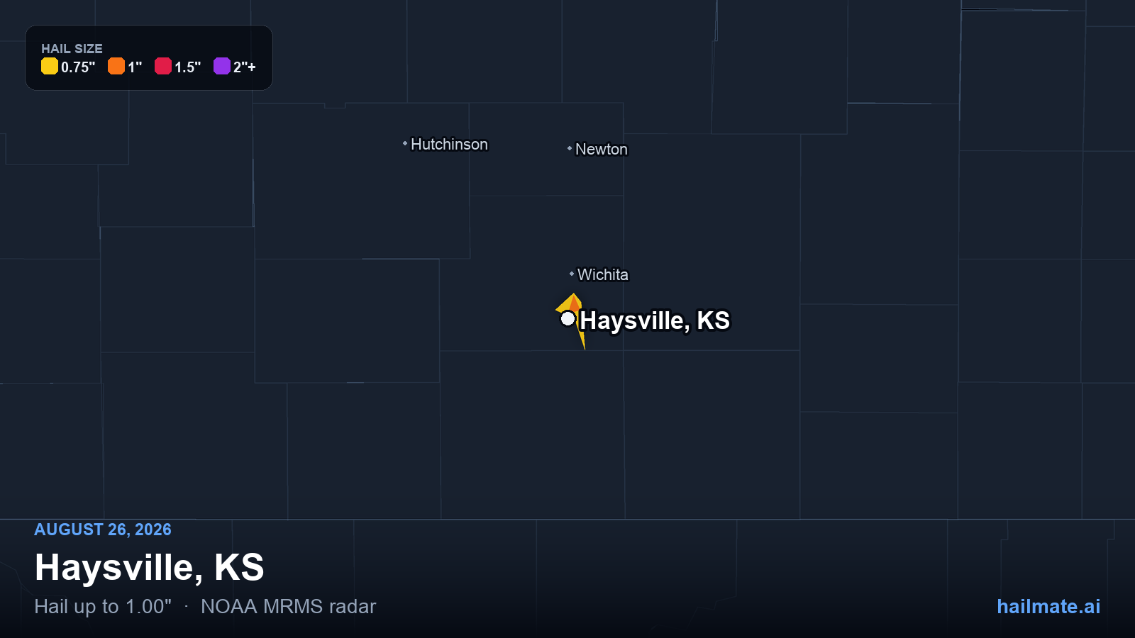 Hail swath map for Haysville, KS on August 26, 2026 showing 1.00 inch hail.