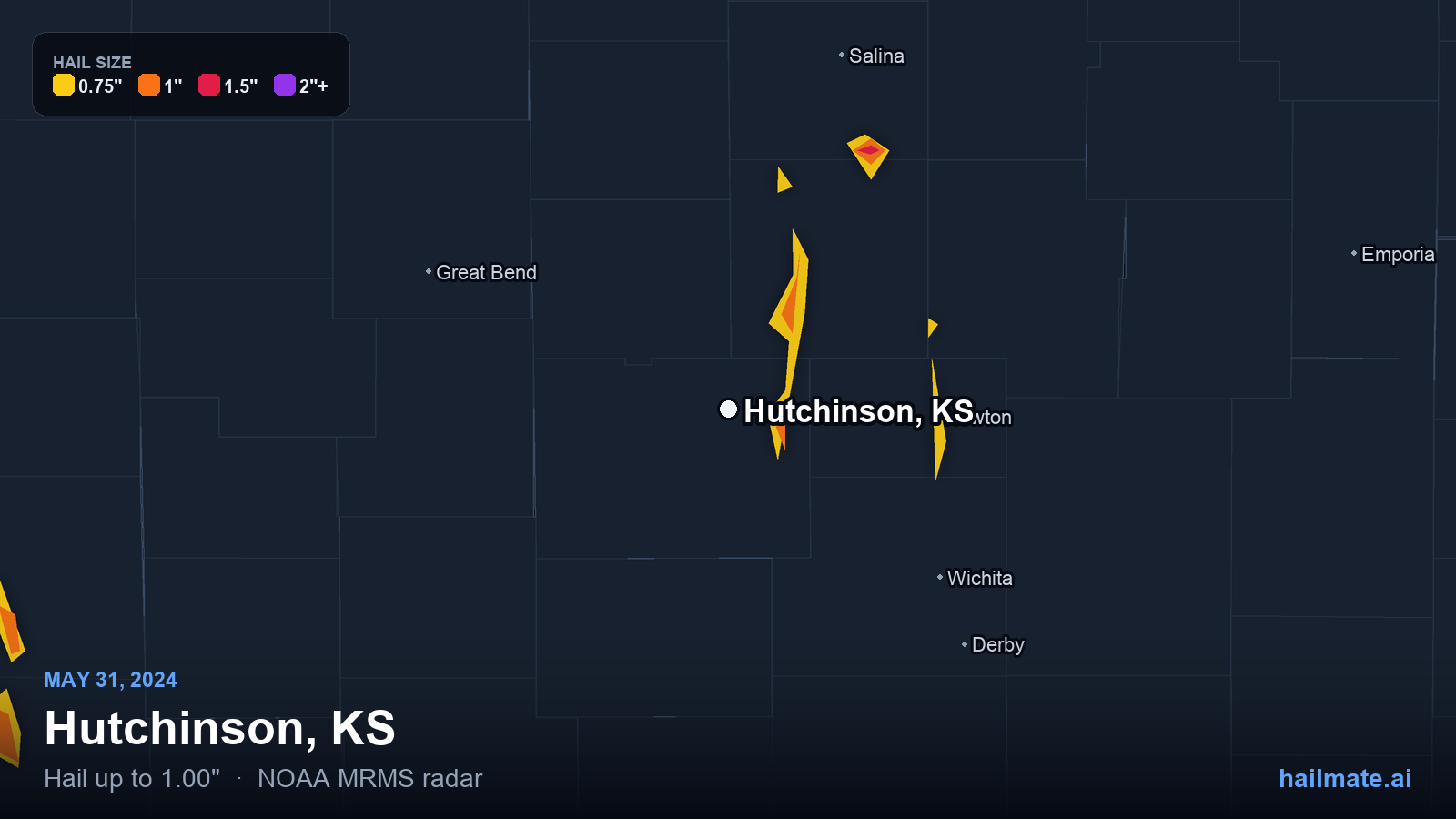 Hail swath map for Hutchinson, KS on May 31, 2024 showing 1.00 inch hail.