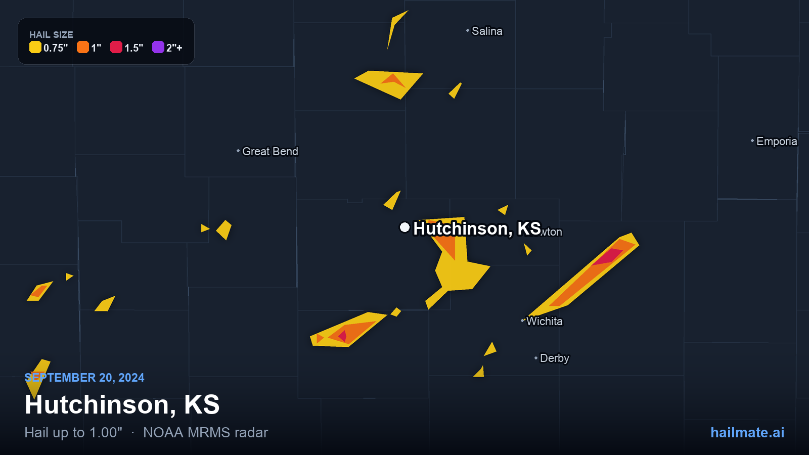Hail swath map for Hutchinson, KS on September 20, 2024 showing 1.00 inch hail.