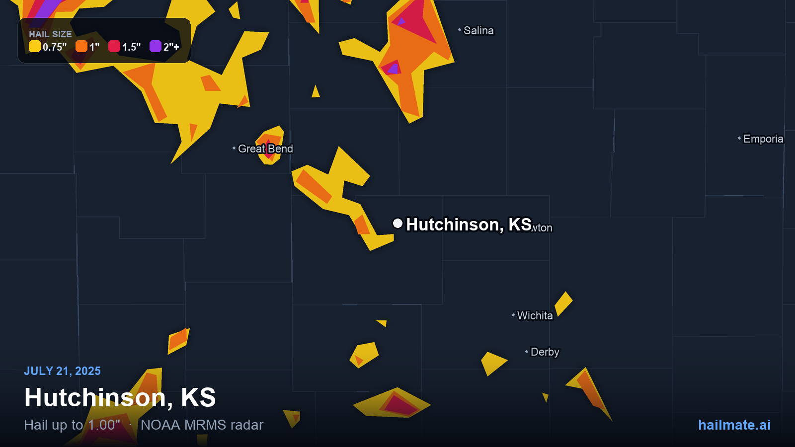 Hail swath map for Hutchinson, KS on July 21, 2025 showing 1.00 inch hail.