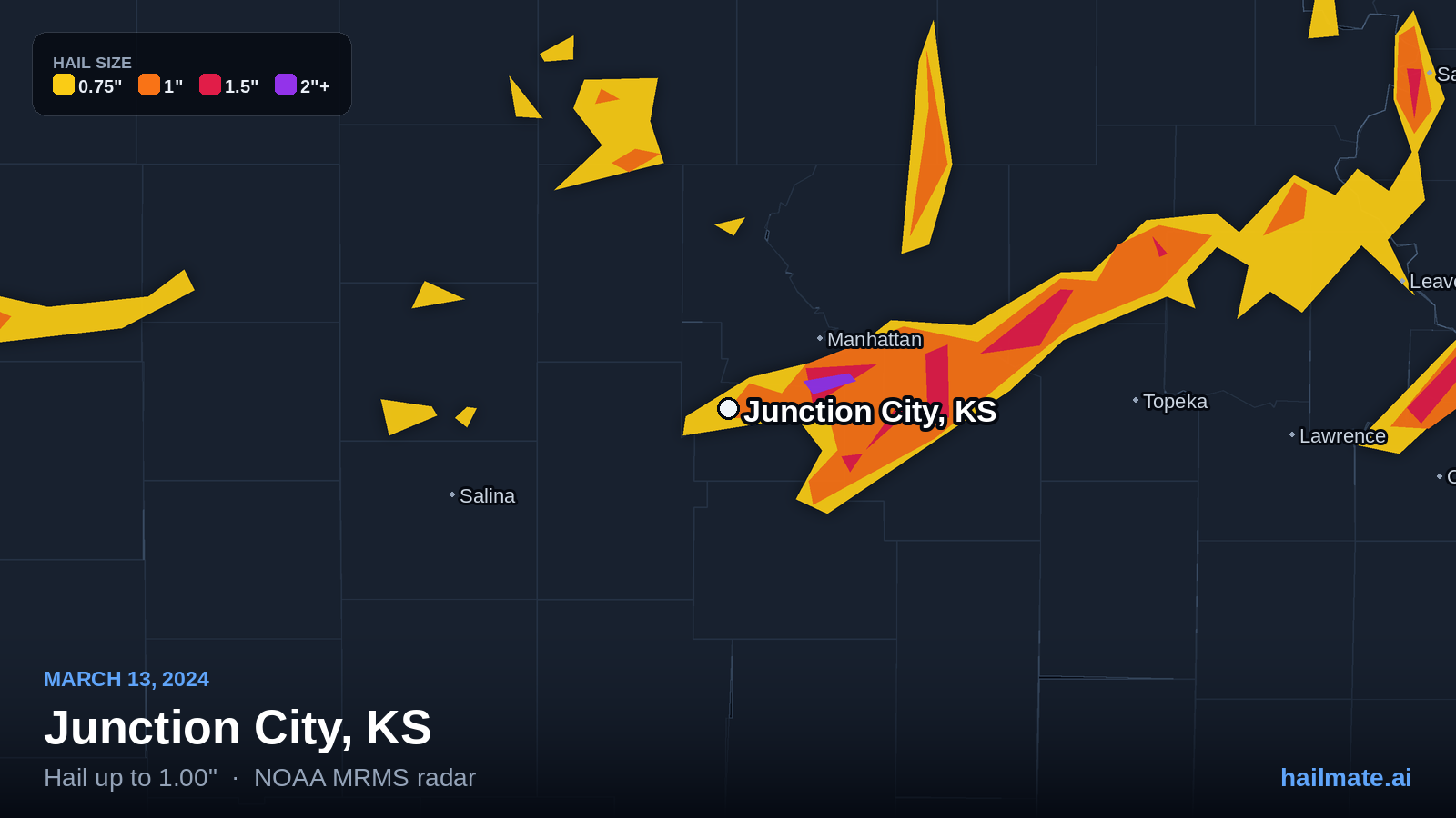 Hail swath map for Junction City, KS on March 13, 2024 showing 1.00 inch hail.