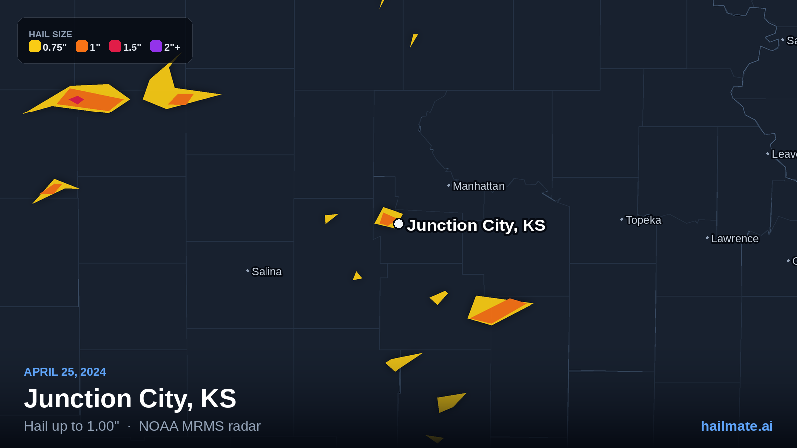 Hail swath map for Junction City, KS on April 25, 2024 showing 1.00 inch hail.