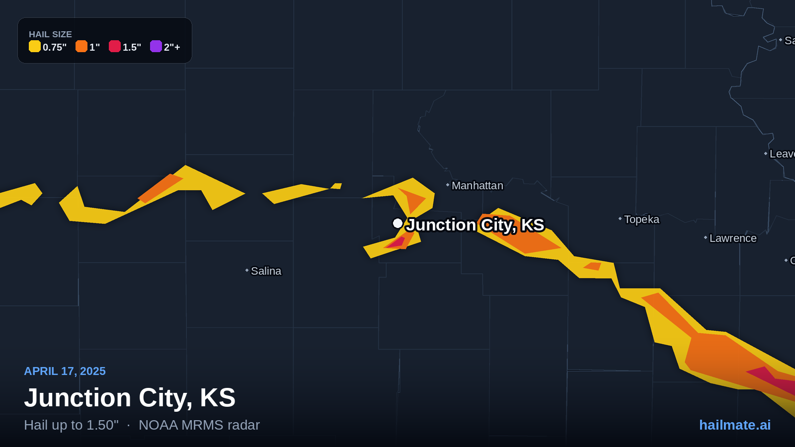 Hail swath map for Junction City, KS on April 17, 2025 showing 1.50 inch hail.