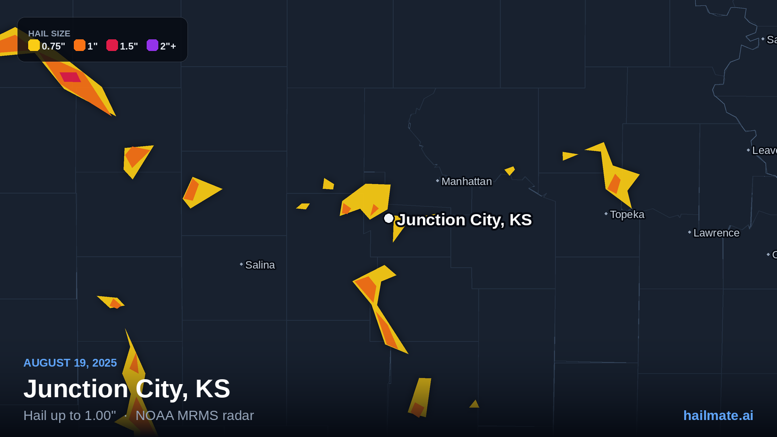 Hail swath map for Junction City, KS on August 19, 2025 showing 1.00 inch hail.