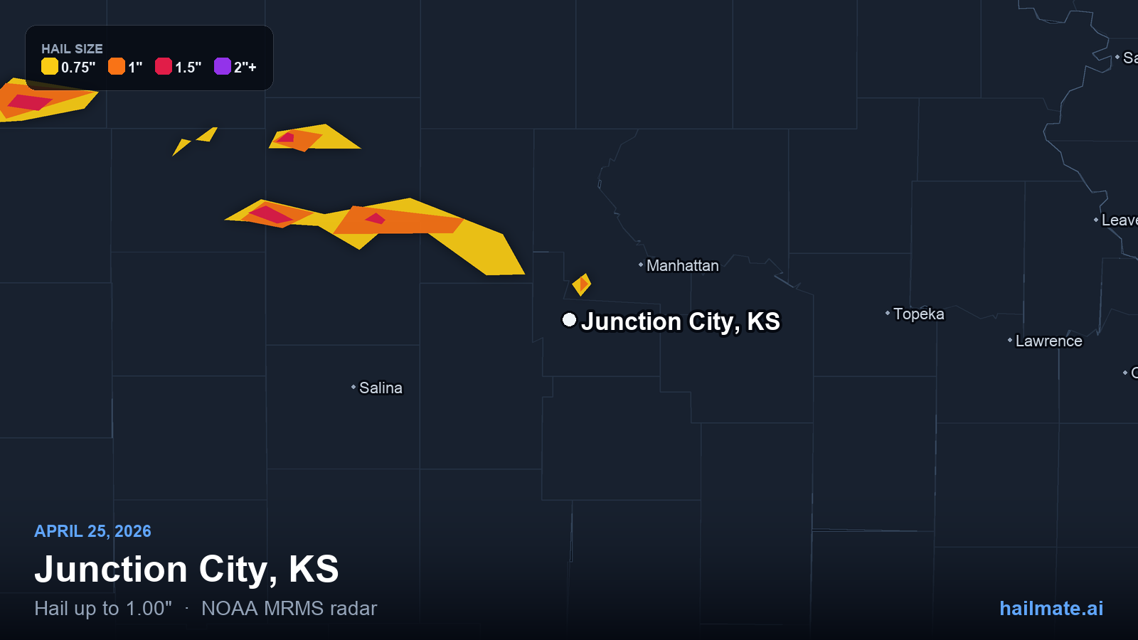 Hail swath map for Junction City, KS on April 25, 2026 showing 1.00 inch hail.