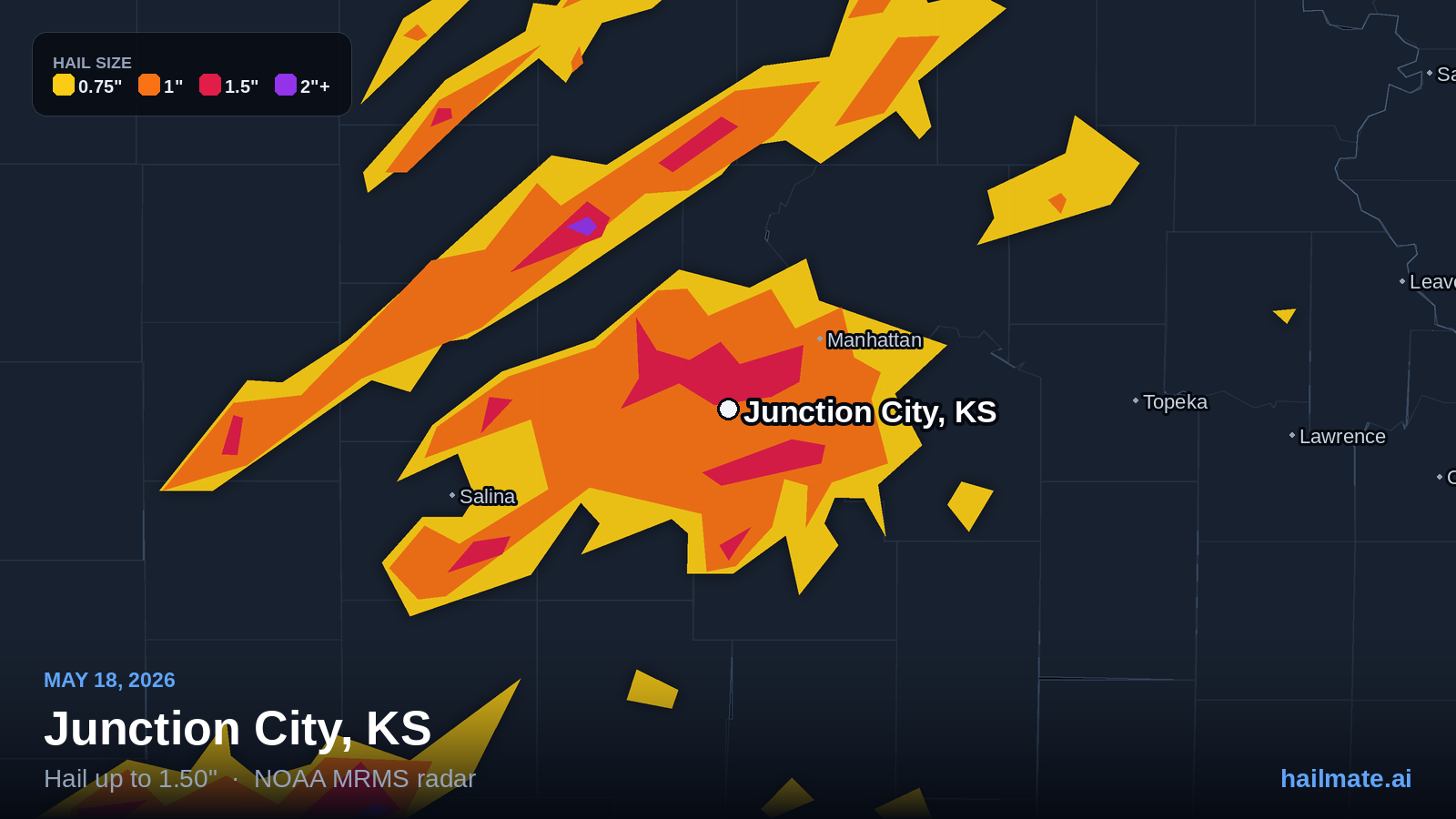 Hail swath map for Junction City, KS on May 18, 2026 showing 1.50 inch hail.