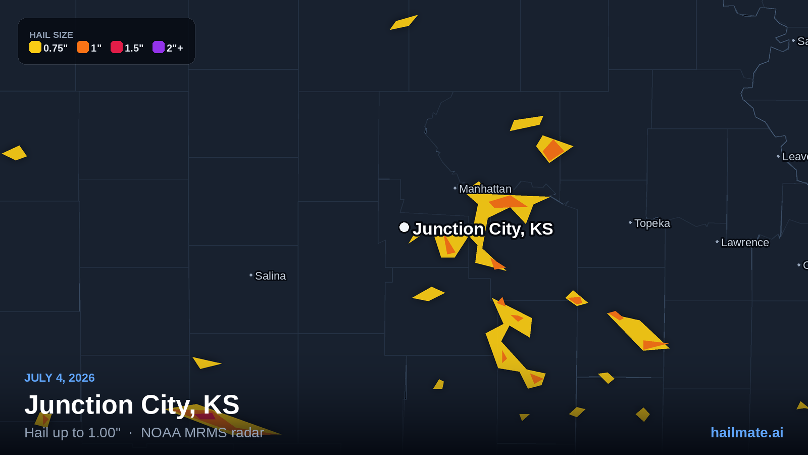 Hail swath map for Junction City, KS on July 4, 2026 showing 1.00 inch hail.